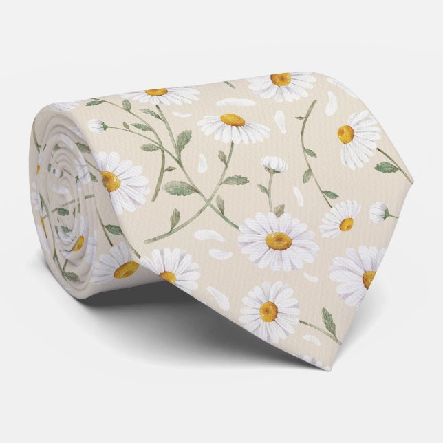 Daisies (Almond) – Watercolor Floral Pattern Neck Tie (Rolled)