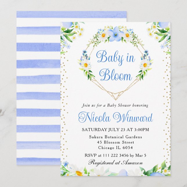 Daisies and Blue Flowers Heart Wreath Baby Shower Invitation (Front/Back)