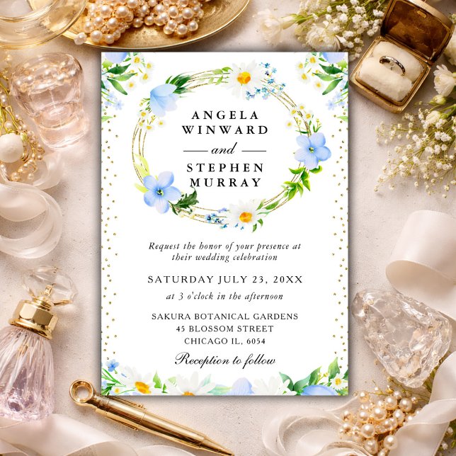 Daisies and Blue Flowers Wreath Wedding Invitation (Creator Uploaded)