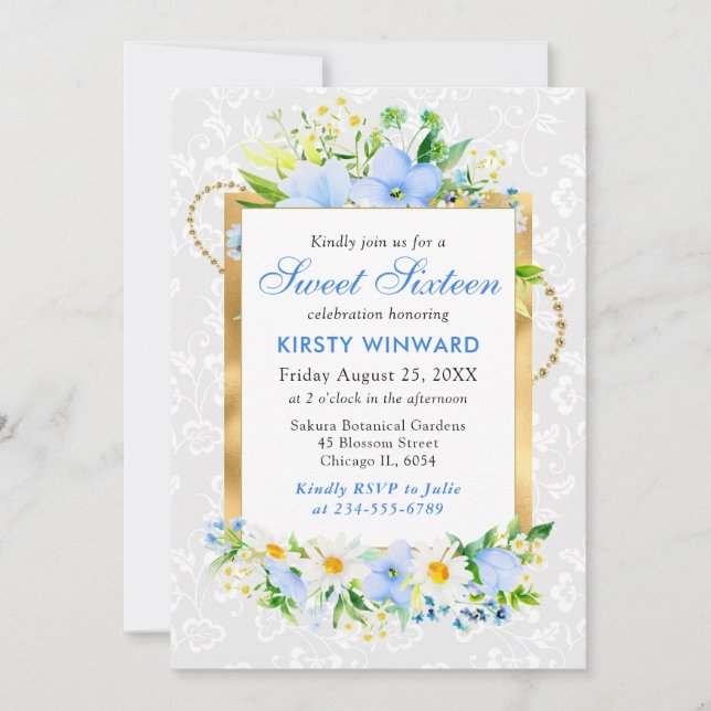 Daisies and Blue Summer Flowers Gold Foil Sweet 16 Invitation (Front)