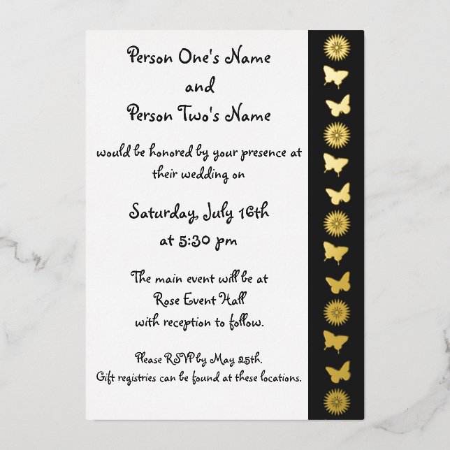 Daisies and Butterflies in Black Foil Invitation (Front)