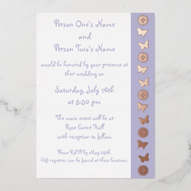 Daisies and Butterflies in Lavender Foil Invitation (Front)