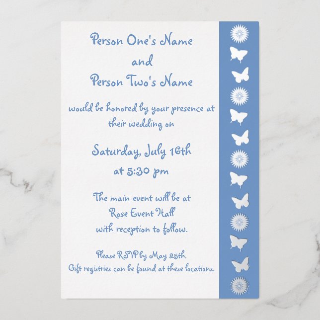 Daisies and Butterflies in Periwinkle Foil Invitation (Front)