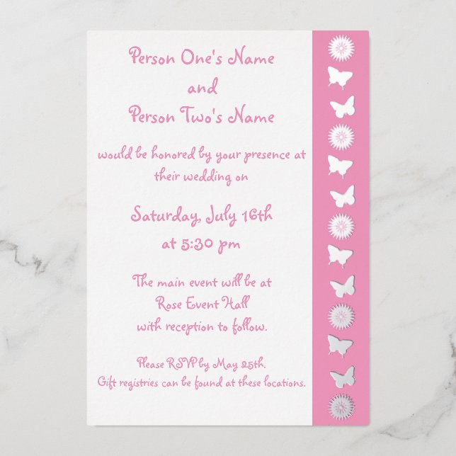 Daisies and Butterflies in Petal Pink Foil Invitation (Front)