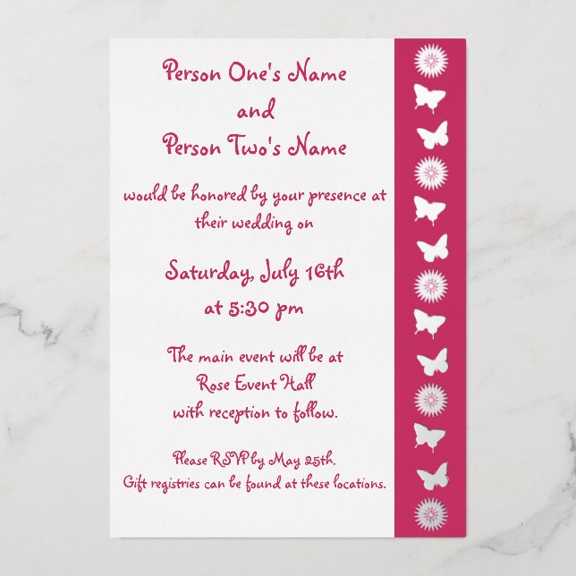 Daisies and Butterflies in Raspberry Foil Invitation (Front)