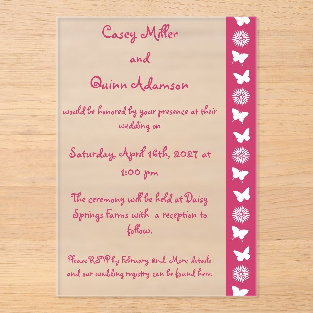 Daisies and Butterflies in Raspberry Wedding Acrylic Invitations (Front)
