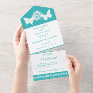 Daisies and Butterflies in Turquoise All In One Invitation