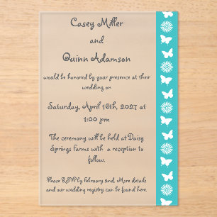 Daisies and Butterflies in Turquoise Wedding Acrylic Invitations