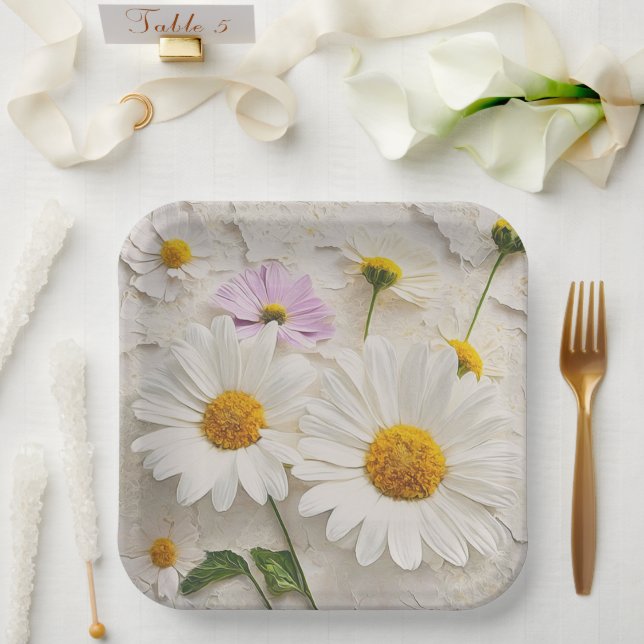 Daisies and Cosmos On Distressed Paper Plates (Wedding)