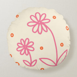 Daisies and Dots 2 - Pink, Orange and Cream Round Pillow