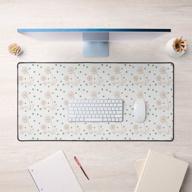 Daisies and Dots 2 - White, Sand and Palm Green Desk Mat (Office 1)