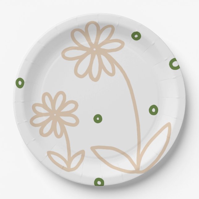 Daisies and Dots 2 - White, Sand and Palm Green Paper Plates (Front)