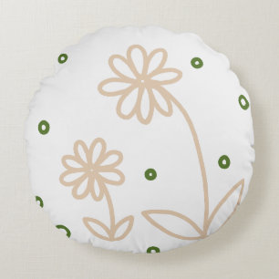 Daisies and Dots 2 - White, Sand and Palm Green Round Pillow