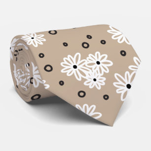 Daisies and Dots - Taupe, Black and White Neck Tie