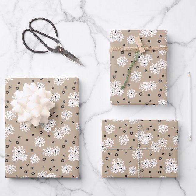 Daisies and Dots - Taupe, Black and White Wrapping Paper Sheets (Front)