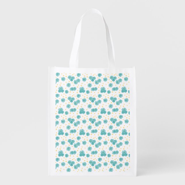 Daisies and Dots - Turquoise and Yellow  Grocery Bag (Front)