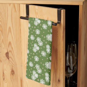 Daisies and Dots - White, Sand and Palm Green Kitchen Towel