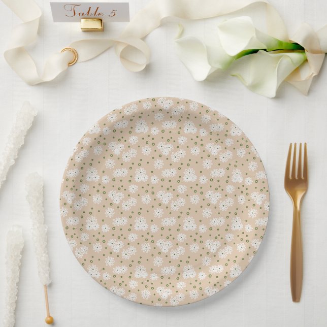 Daisies and Dots - White, Sand and Palm Green Paper Plates (Wedding)