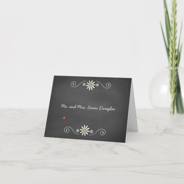 Daisies and Ladybugs Rustic Chalkboard Thank You Card (Front)