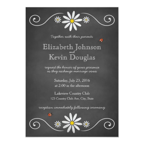 Daisies and Ladybugs Rustic Chalkboard Wedding Invitation