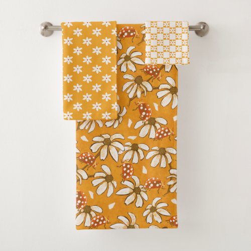 Daisies and Ladybugs sunny yellow  Bath Towel Set