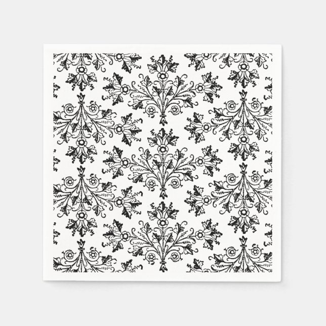 Daisies and Leaves Floral Art in Black Paper Napkins (Front)