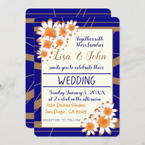 Daisies and Stripes Blue Navy Wedding Invitations