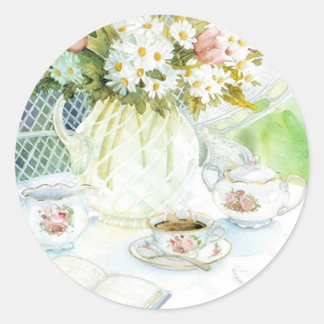 Daisies and Tulips and Tea Classic Round Sticker (Front)