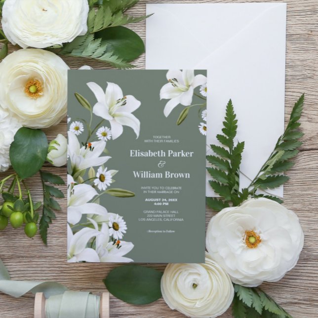 Daisies And White Lilies Green Background Wedding  Invitation (Creator Uploaded)
