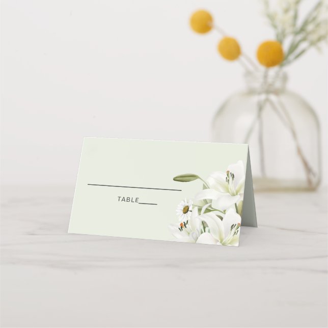 Daisies And White Lilies Light Green Background  P Place Card (Front)