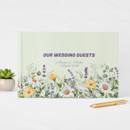Daisies and Wildflowers On Green Wedding Guest Book