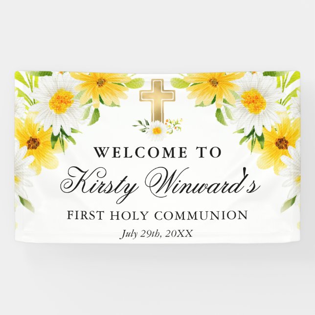 Daisies and Yellow Flowers First Holy Communion Banner (Horizontal)
