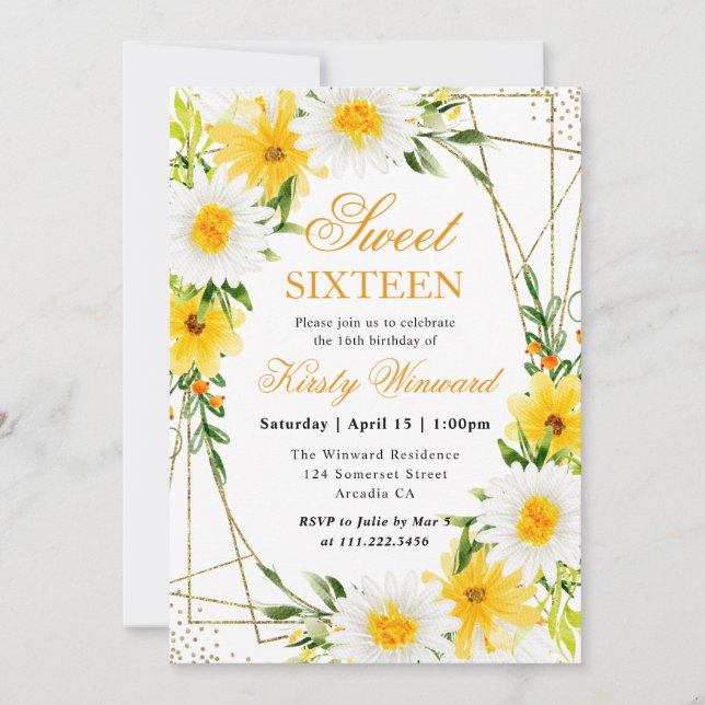 Daisies and Yellow Flowers Gold Frame Sweet 16 Invitation (Front)