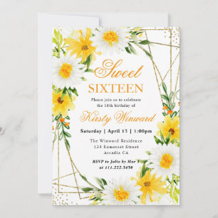Daisies and Yellow Flowers Gold Frame Sweet 16 Invitation