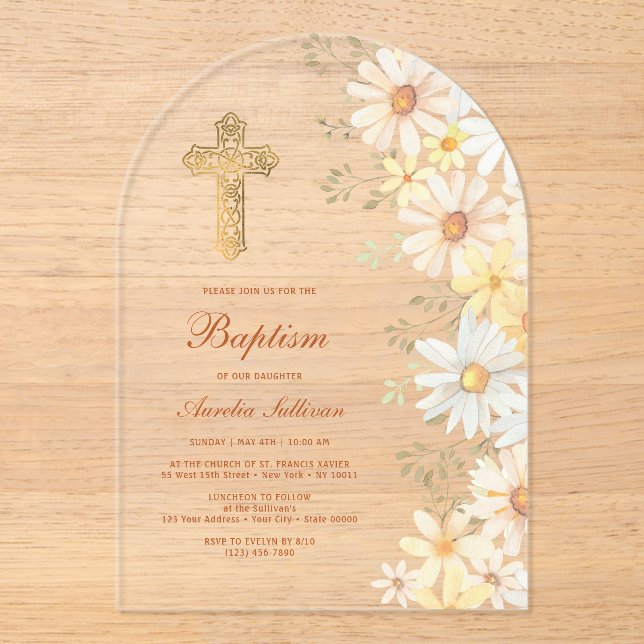 Daisies Arch Baptism Acrylic Invitations (Front)
