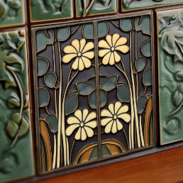 Daisies Art Deco Floral Wall Decor Art Nouveau Ceramic Tile