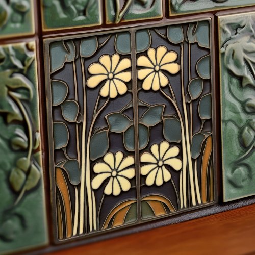 Daisies Art Deco Floral Wall Decor Art Nouveau Ceramic Tile