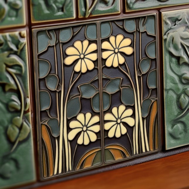 Daisies Art Deco Floral Wall Decor Art Nouveau Ceramic Tile (Creator Uploaded)