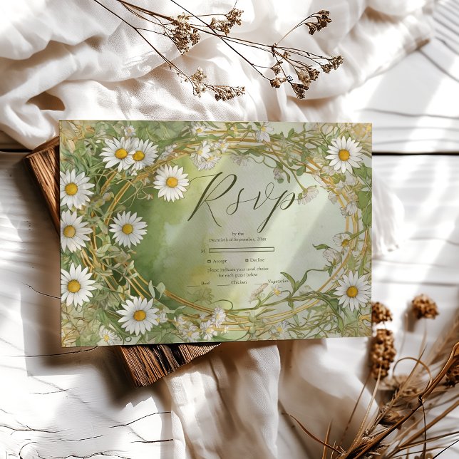 Daisies Art Nouveau Ivory Green Wedding RSVP Card (Creator Uploaded)
