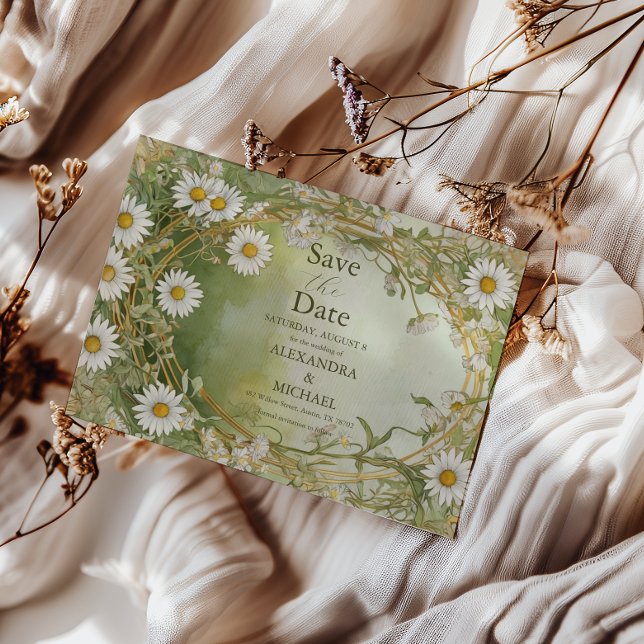 Daisies Art Nouveau Ivory Green Wedding Save The Date (Creator Uploaded)