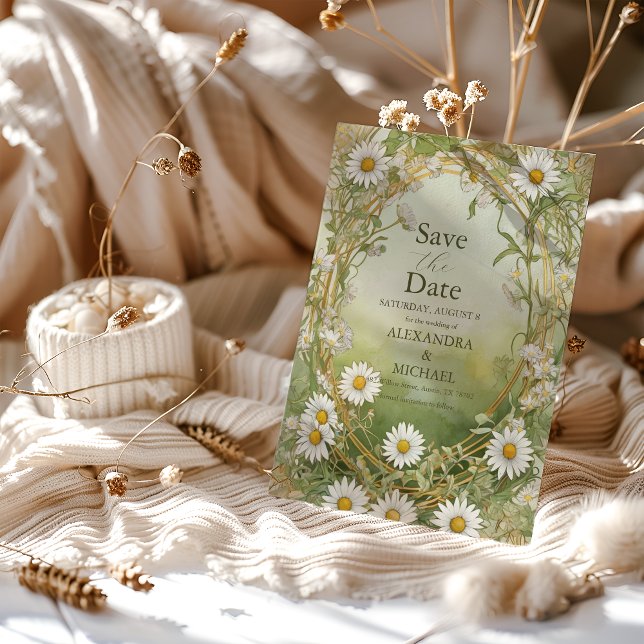 Daisies Art Nouveau Ivory Green Wedding Save The Date (Creator Uploaded)
