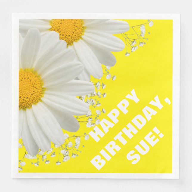 Daisies & Baby's Breath Customizable Bright Yellow Paper Dinner Napkins (Front)