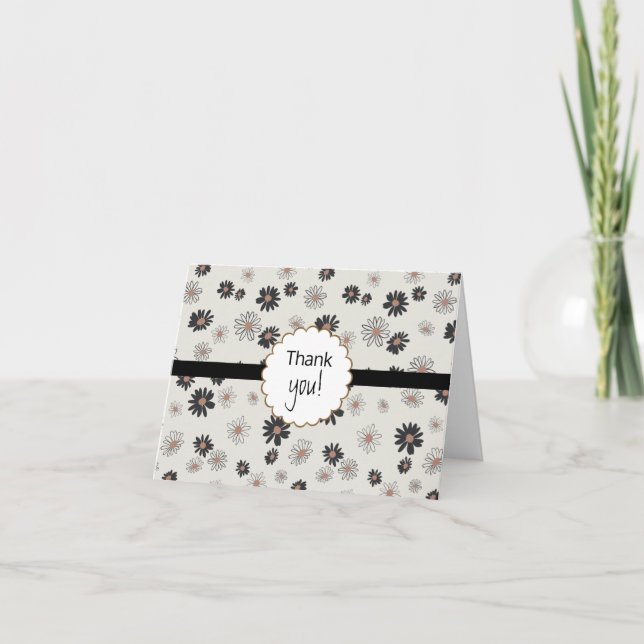Daisies Black Pink Floral Pattern Thank You Card (Front)