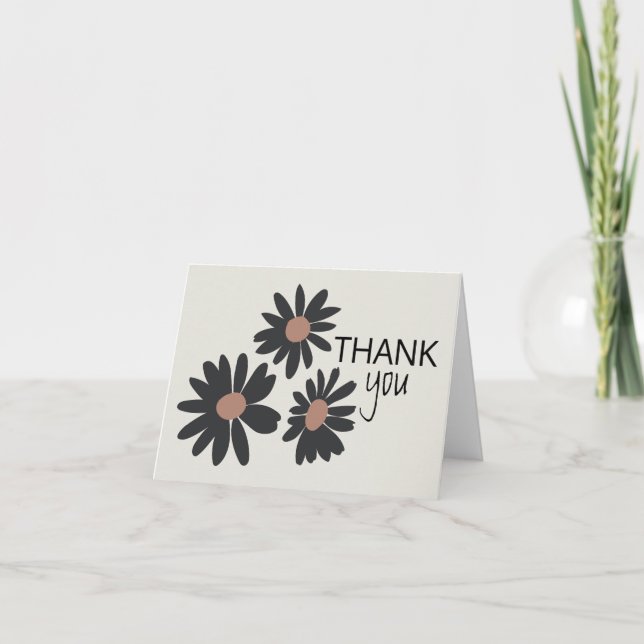 Daisies Black Pink Floral Pattern Thank You Card (Front)
