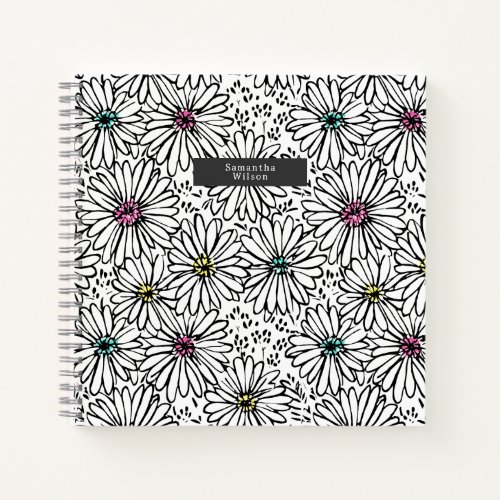 Daisies Black  White Colorful Notebook