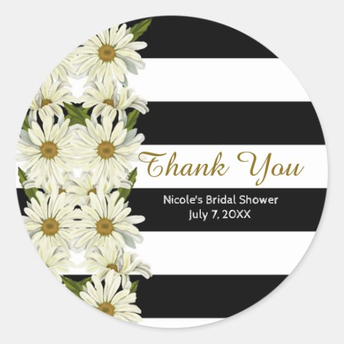 Daisies  Black White Stripes Modern Floral Classic Round Sticker