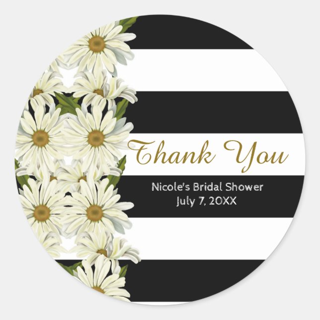 Daisies & Black White Stripes Modern Floral Classic Round Sticker (Front)