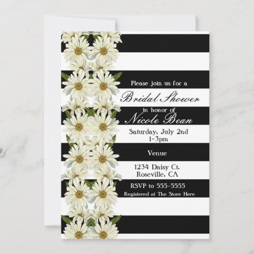 Daisies  Black White Stripes Modern Floral Invitation