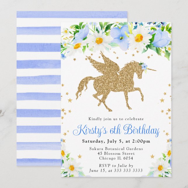 Daisies Blue Flowers Gold Unicorn Birthday Party Invitation (Front/Back)