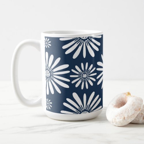 Daisies Blue White Floral Pattern Coffee Mug